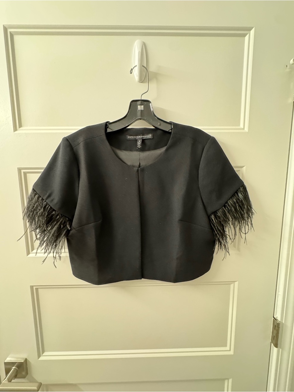 White House Black Market Black Feather-Trim Cropped Jacket NWOT